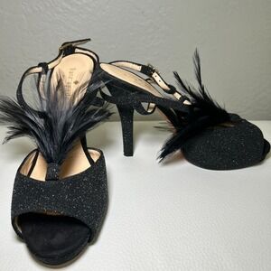 Kate Spade Glitter Feather‎ Black Open Toe Slingback Pumps Heels Size 7